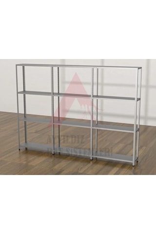 4 Katlı 3'lü Gri Renk Çelik Raf - Depo, Arşiv, Kiler, Dosya, Dosya Rafı 31x93 Cm-200 Cm Gri