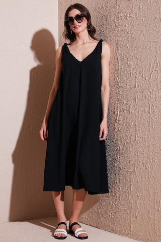 Lela Oversize Fit V Yaka Midi Boy Basic Bayan Elbise 6788688 Siyah