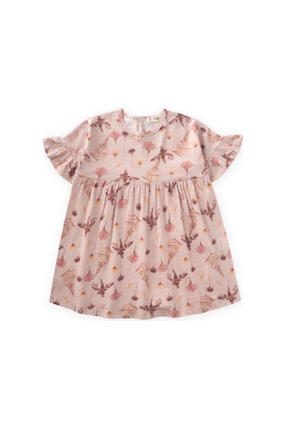 Cigit Desenli Kolu Fırfırlı Elbise 1-7 Yaş Pudra Pembe Pudra Pembe