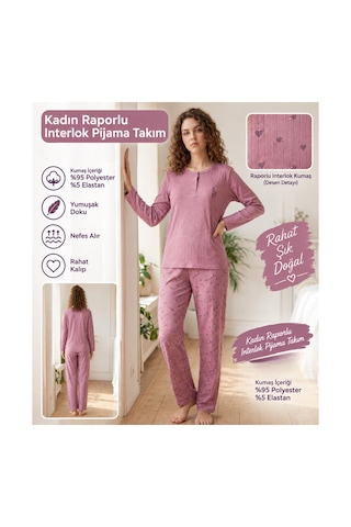 Boyraz Lindros Kadın Düğme Yaka Raporlu İnterlok Kışlık Pijama Takımı 02741 - 1 Adet Gül Kurusu