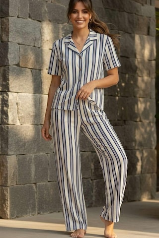 Relax Mode Kadın Mavi Çizgili Gömlek Pijama Takım - 26036r Beyaz