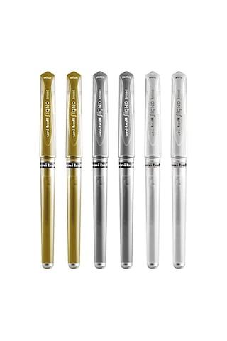 Signo Pen Geniş Metalik Jel Mürekkep Rollerball - Metal 1 Mm Uç Ucu 0,65 Mm Kauçuk Saplı Çizgi Genişliği - Um-153 - 6'lı Paket - Beyaz, Gümüş Ve Altın 165-Koyu Yeşil