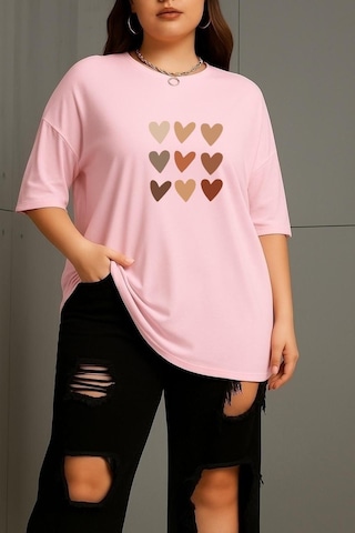 Büyük Beden Sıralı Kalpler Baskılı Unisex Tişört Pembe