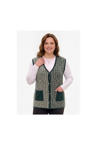 Onno Style Women Çelik Örgü Klasik Leopar Desen Triko Yelek Yeşil