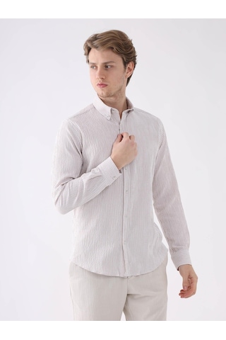 Dufy Bej Erkek Slim Fit Düğmeli Yaka Uzun Kol Gömlek - 95023 Bej