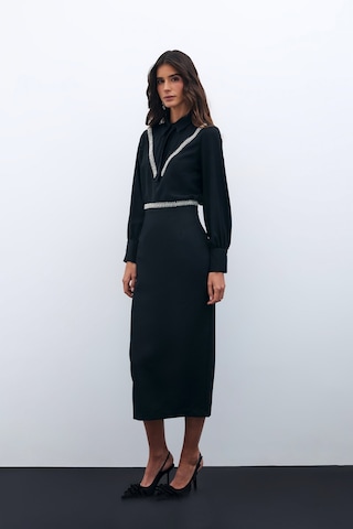 Sateen Bel Aksesuarlı Midi Etek - Siyah-135584 Siyah