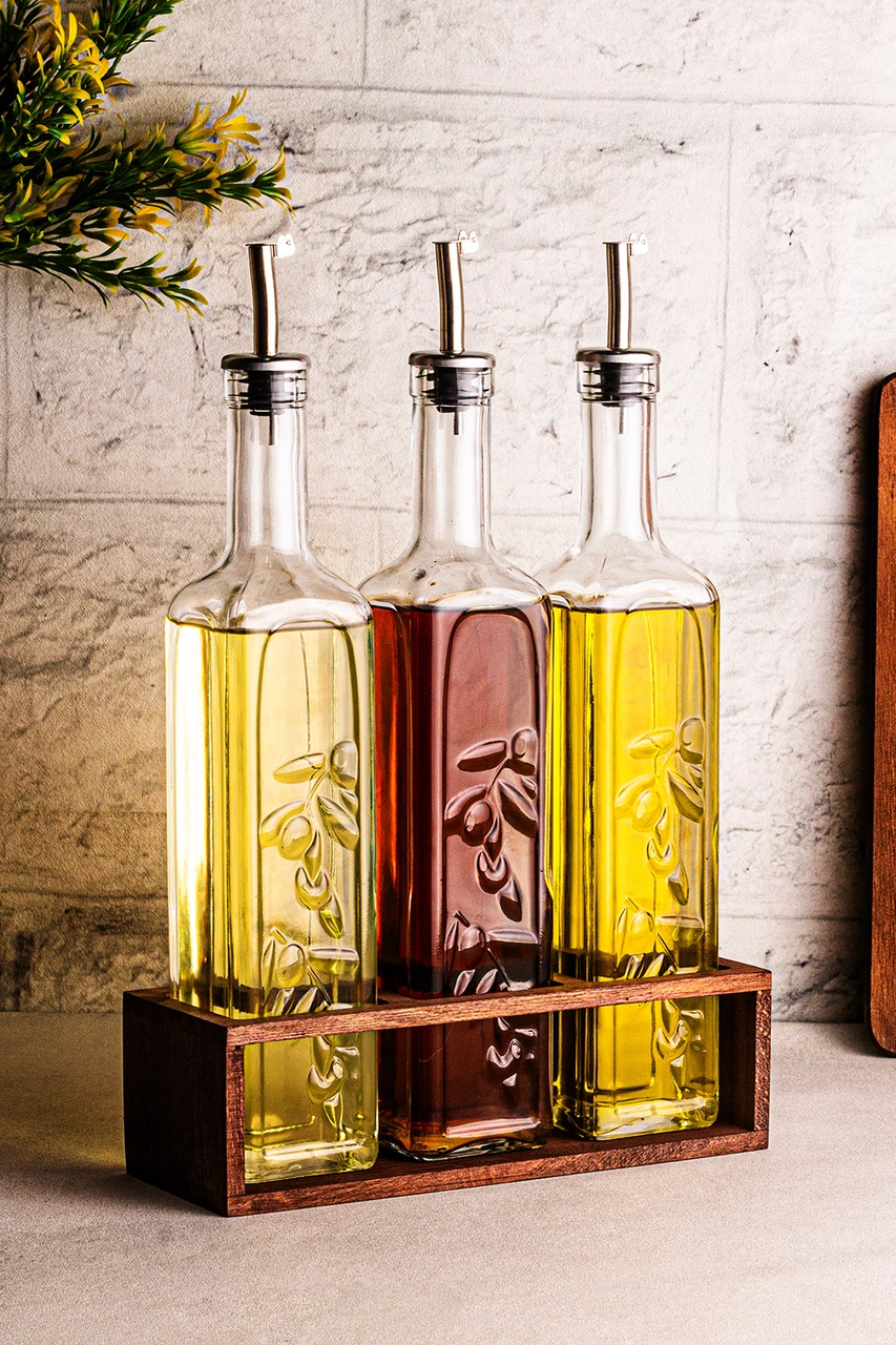 Snippy Olea - 3'lü Ahşap Uzun Katlı Standlı Cam Zeytinyağı Şişesi Yağlık Damlatmaz Yağlık Sirkelik 500ml Ahşap