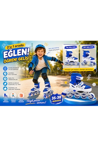 Ayarlanabilir Çocuk Pateni 35-38 Numara 2 Si 1 Arada Inline & Çift Teker Modu Işıklı Pu Tekerlek Mavi