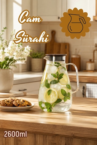 Porsima Lm-0100 Damla Sızdırmaz Metal Kapaklı Ve Kulplu Cam Başucu Sürahisi 2600ml