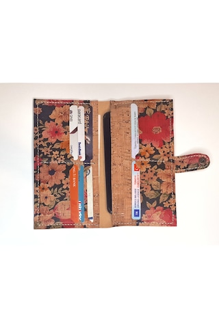 Vegan Mantar Derisinden Telefon Bölmeli Çiçek Desenli Kadın Clutch Cüzdan Kahverengi - Çok Renkli