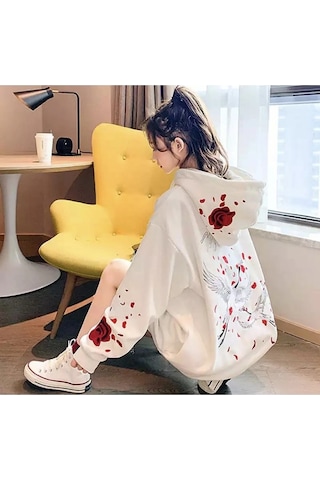 Tarzsokak Özel Tasarım Kapüşonlu Fermuarlı Red Rose Baskılı Süper Oversize Kadın Ceket-sweats Beyaz Beyaz