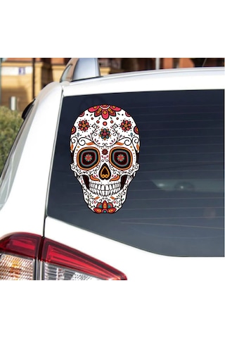 Çiçek Desenli Kurukafa Sticker - Araba Oto Araç Motosiklet Karavan Sticker - 00077 10X6 Cm