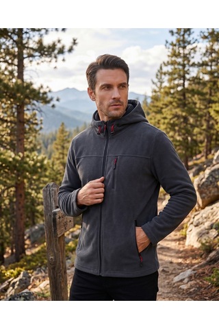 Luxıc Core Erkek Kapüşonlu Koyu Gri Polar 3 Cepli Fermuarlı Sıcak Tutan Kışlık Outdoor Hoodie Günlük Stilpro