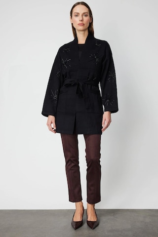 On Fashion Beli Kuşaklı Taş İşlemeli Siyah Hırka 60909 Siyah
