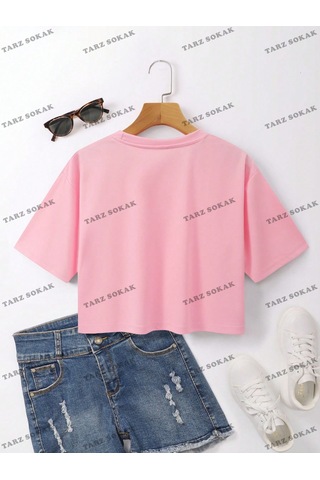 Flood Of Style Crop Ckod-232913 Eyfel Kulesi Yazılı Baskılı Kısa Pembe