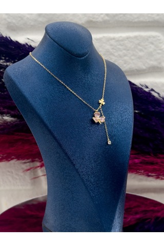 925 Ayar Gümüş Gold Renk Mineli Kelebek Modeli Zarif Kadın Kolye Gümüş