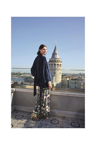Litae Herşeytrend Yaprak Desenli Ve Dantelli 3lü Pijama Takımı Lacivert