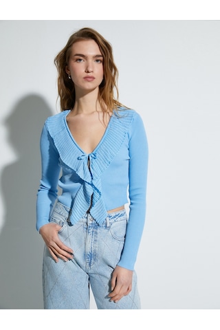 Koton Crop Triko Hırka Fırfırlı V Yaka Bağlama Detaylı Mavi 4sak90107ht Mavi