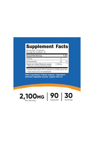 Nutricost Lion's Mane Mushroom Aslan Yelesi Mantarı 2100 Mg 90 Caps