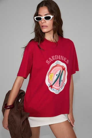 Grımelange Sardı Kadın Yumuşak Kumaşlı %100 Organik Pamuklu Baskı Detaylı Kırmızı T-shirt