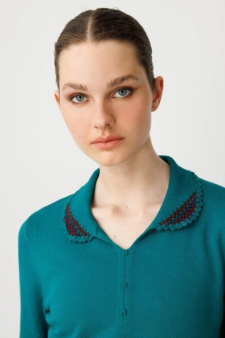 Desen Triko Polo Yaka Likralı Kadın Bluz 25091 Yeşil