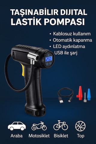 Şarjlı Dijital Hava Kompresörü 150 Psı Lcd Ekran, Led Işık, Type-c, 3600 Mah Araba Lastik