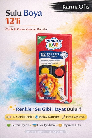 Sulu Boya 12 Li 12 Canlı Renk, Okul İçin İdeal, Yerli Üretim Beyaz