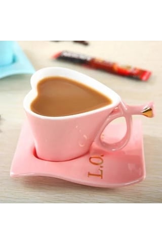 Createtech Mavi Kalp Şeklinde Bardak Set, Sevgililer Günü Hediyesi, Fincan Ve Süt Kaşığı İle Sıcak Kahve Mavi