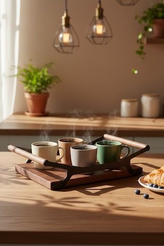 Grade - Ahşap Tepsi Metal Detaylı Tepsi 6 Yuvarlak Elysia Timeless Uyumlu Çay Kahve Sunum Tepsisi
