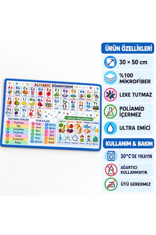 3'lü Eğitici Baskılı Beslenme Örtüsü Seti 30 X 50 Cm, Okul Ve Anaokulu İçin, Yıkanabilir Ve Leke Tutmaz Cok Renkli