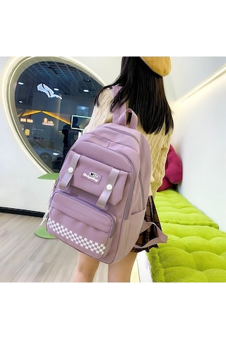 Novahub Dört Parçalı Sırt Çantası Seti Öğrenci Baskılı Okul Çantası Kızlar Büyük Kapasiteli Sırt Çantası Siyah Siyah