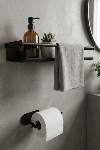 Zift Unique Paslanmaz Çelik Mat Siyah Yapışkan Montaj Banyo Rafı - Tuvalet Kağıdı Askısı Set