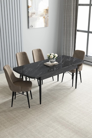 Zümra Serisi, Siyah Mermer Desen 80x132 Açılabilir Mdf Mutfak Masası Takımı 4 Adet Sandalye, Cappucino