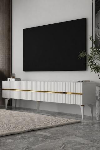 180dhdts5ba Tedy 3 Kapaklı Pleksi Lazer Desen Tv Sehpası Altın - Beyaz