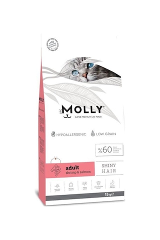 Molly Düşük Tahıllı Hypoallergenic Karidesli Ve Somonlu Yetişkin Kedi Maması 15 Kg Molly Düşük Tahıllı Hypoallergenic Karidesli Ve Somonlu Yetişkin Kedi Maması 15 Kg