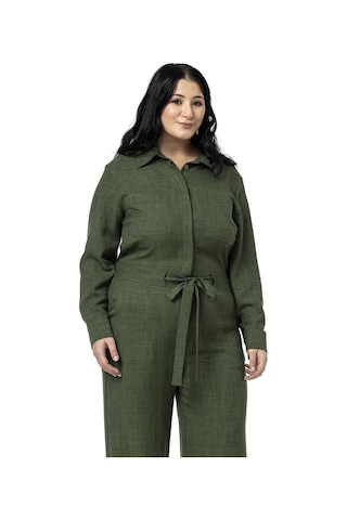 Büyük Beden Beli Tünelli Ve Arkadan Lastikli Geniş Paça Haki Tulum Haki