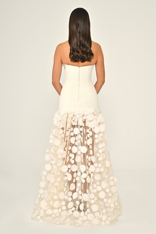 Krep Eteği 3 Boyutlu Tül Uzun Abiye Elbise Alfa Beta B7067 Ekru