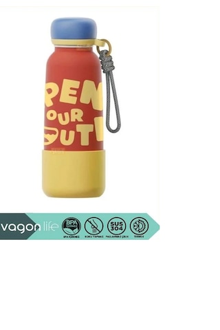 Vagonlife Vagonlıfe 550 Ml Çelik Termos Matara 6 Saat Sıcak Soğuk Plastik Korumalı Sızmaz Koku Yapmaz Kırmızı - Sarı