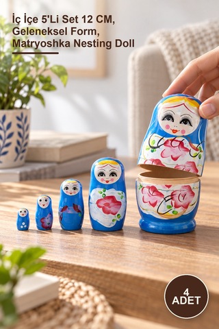4 Adet Ahşap Matruşka İç İçe 5'li Set 12 Cm, Geleneksel Form, Matryoshka Nesting Doll