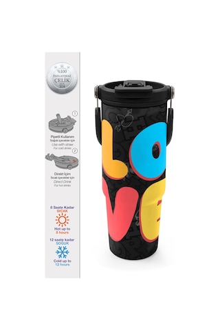 Coral High Renkli Love Desenli Pipetli Ve Direkt İçim Çelik Termos 900 Ml 38706 Siyah