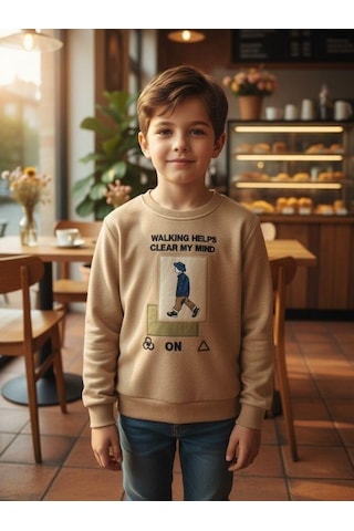Zekids Erkek Çocuk Pamuklu Clear My Mind Yazılı Batik Desenli Sweatshirt-16333 Bej