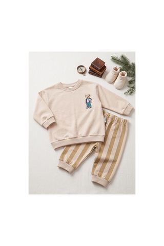 Çıtırkids Erkek Bebek Ayıcık Nakışlı Çizgili İki İplik Pamuklu Sweatshirt Alt Üst Takım Krem