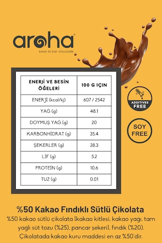 %50 Kakao Fındıklı Sütlü Çikolata 100 G X 6 Adet