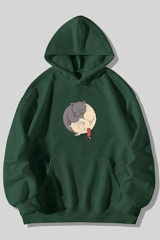 Ying Yang Kedi Baskılı Unisex Yeşil Kanguru Cepli Kapüşonlu Sweatshirt Hoodie Yeşil