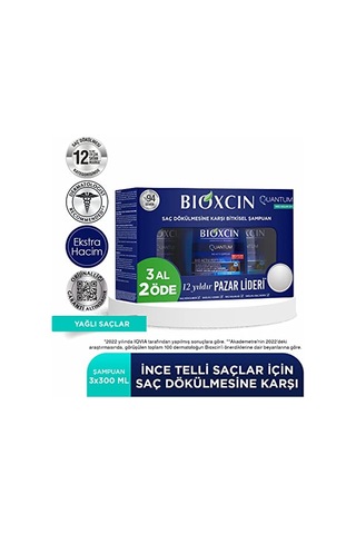 Bioxcin Quantum Şampuan 3 X 300 Ml Yağlı Saçlar İçin Sebum Dengeleyici Ve Saç Dökülmesine Karşı Etkili Ş