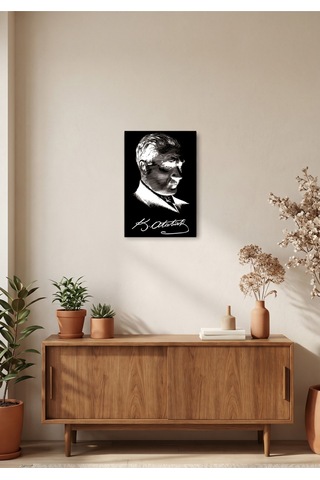Atatürk İmzalı Siyah Beyaz Dekoratif Tablo Ahşap & Metal Duvar Tablosu Modern & Minimal Tasarım