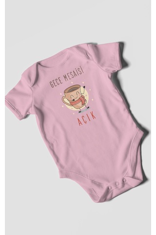 Gece Mesaisi Açık Baskılı Bebek Zıbını Çıtçıtlı Body %100 Pamuk Kısa Kol Koyu Pembe