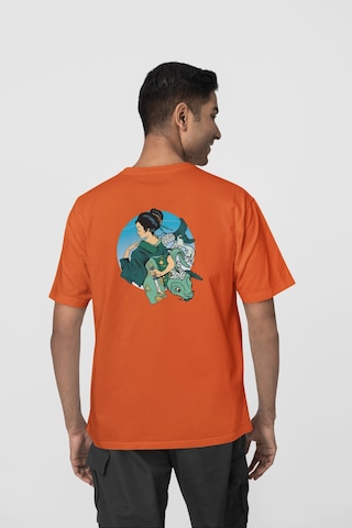 Geyşa Koi Ön-arka Baskılı %100 Pamuk Beyaz Kadın/erkek Unisex Rahat Kalıp Oversize T-shirt Turuncu
