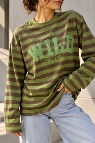 Bbbutikbasic Wild Baskılı Çizgili Uzun Kollu Kadın Sweatshirt My3535 Yeşil
