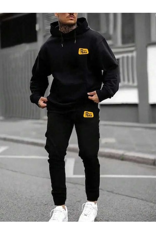Josette Pens Yazılı Kışlık Alt Üst Takımı Sweatshirt Eşofman Altı - Siyah Baskılı Oversize Kapüşonlu Siyah